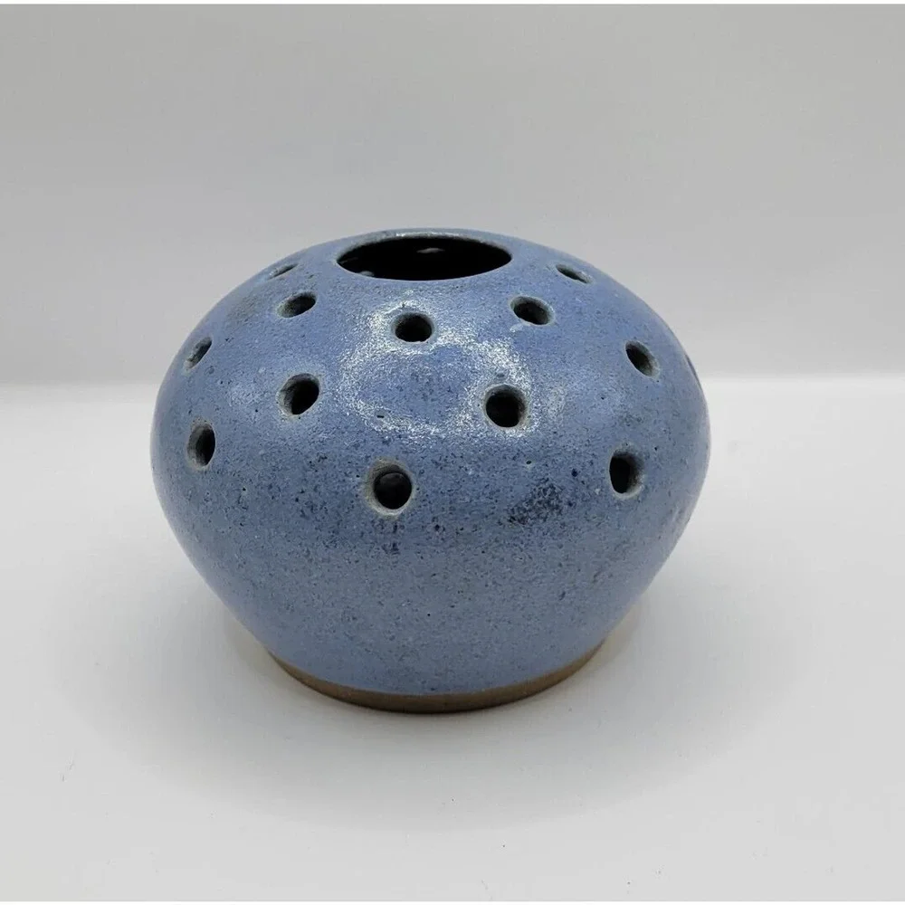 Vintage 1993 Studio Pottery Blue Flower Frog Vase Signed T Clark